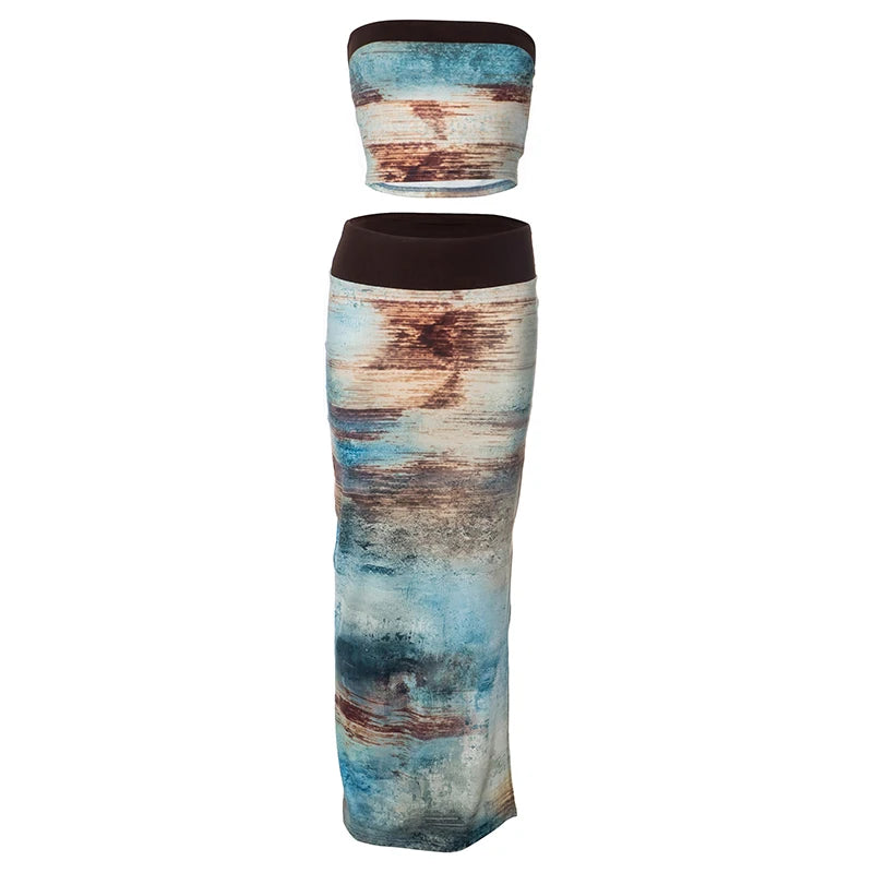 One Shoulder Halo Strapless Top High Waist Long Wrap Skirt Set Sets