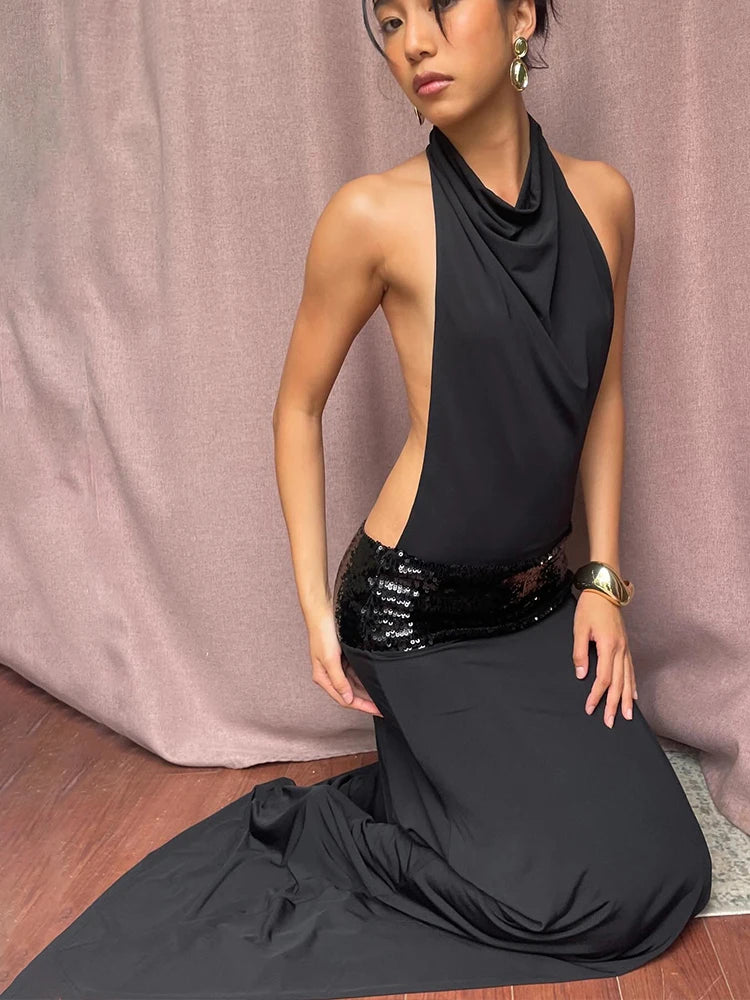 Waist Sequins Dress Backless Halter Sleeveless Pile Collar