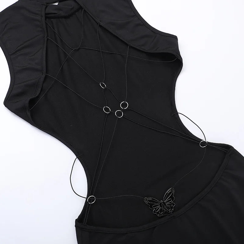 Black Backless Butterfly Detail Maxi Dress