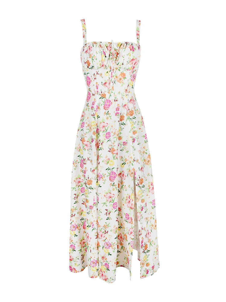 Floral Dress Midi Spaghetti Strap Lace Up Dress A Line