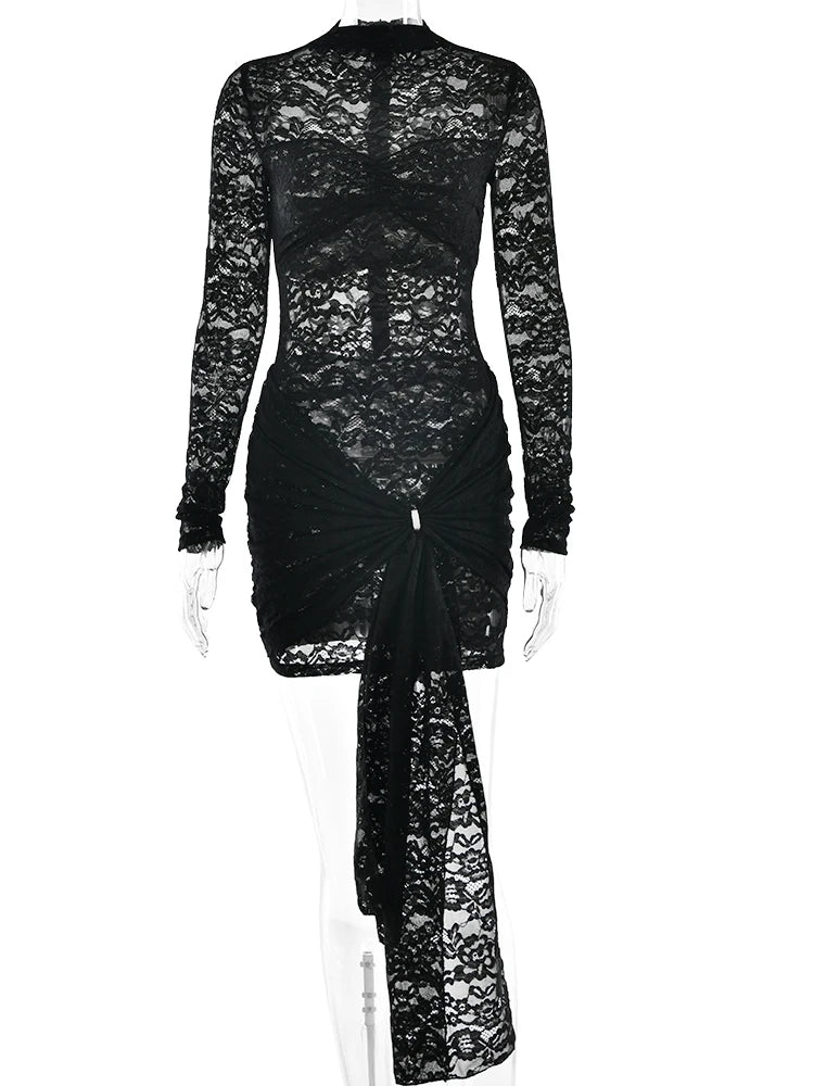 See Through Lace Dress Black Long Sleeve Floral Dress Slim Dresses