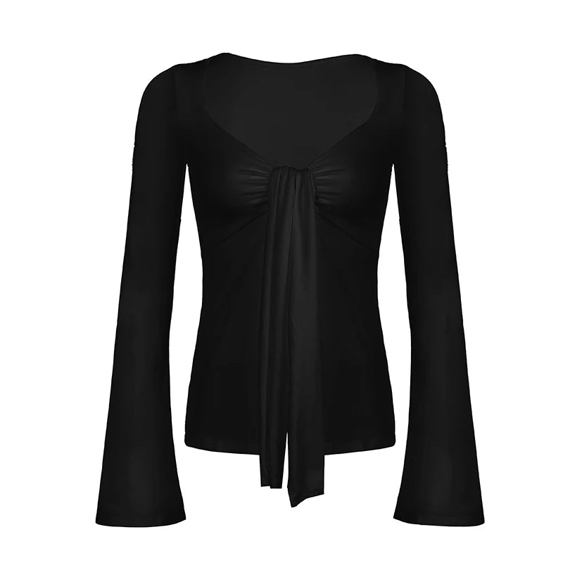 Front Lace-up Black Shirt Long Sleeve
