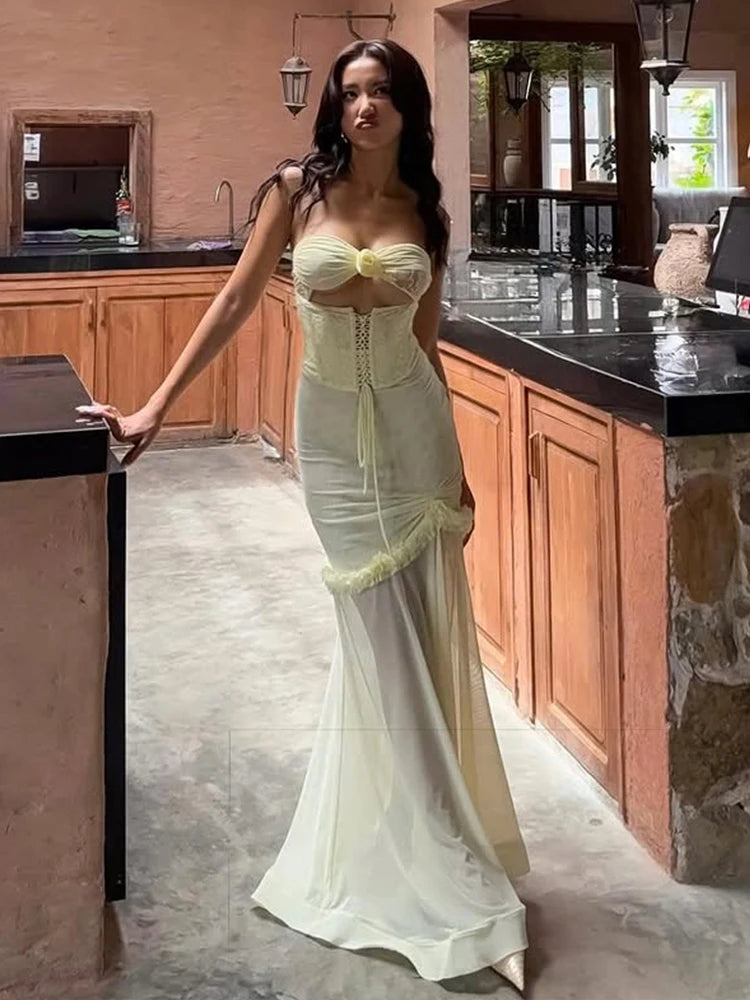 Patchwork Mesh Maxi Dress Shirring Fishtail Ruffles Hollow Bandage Banquet