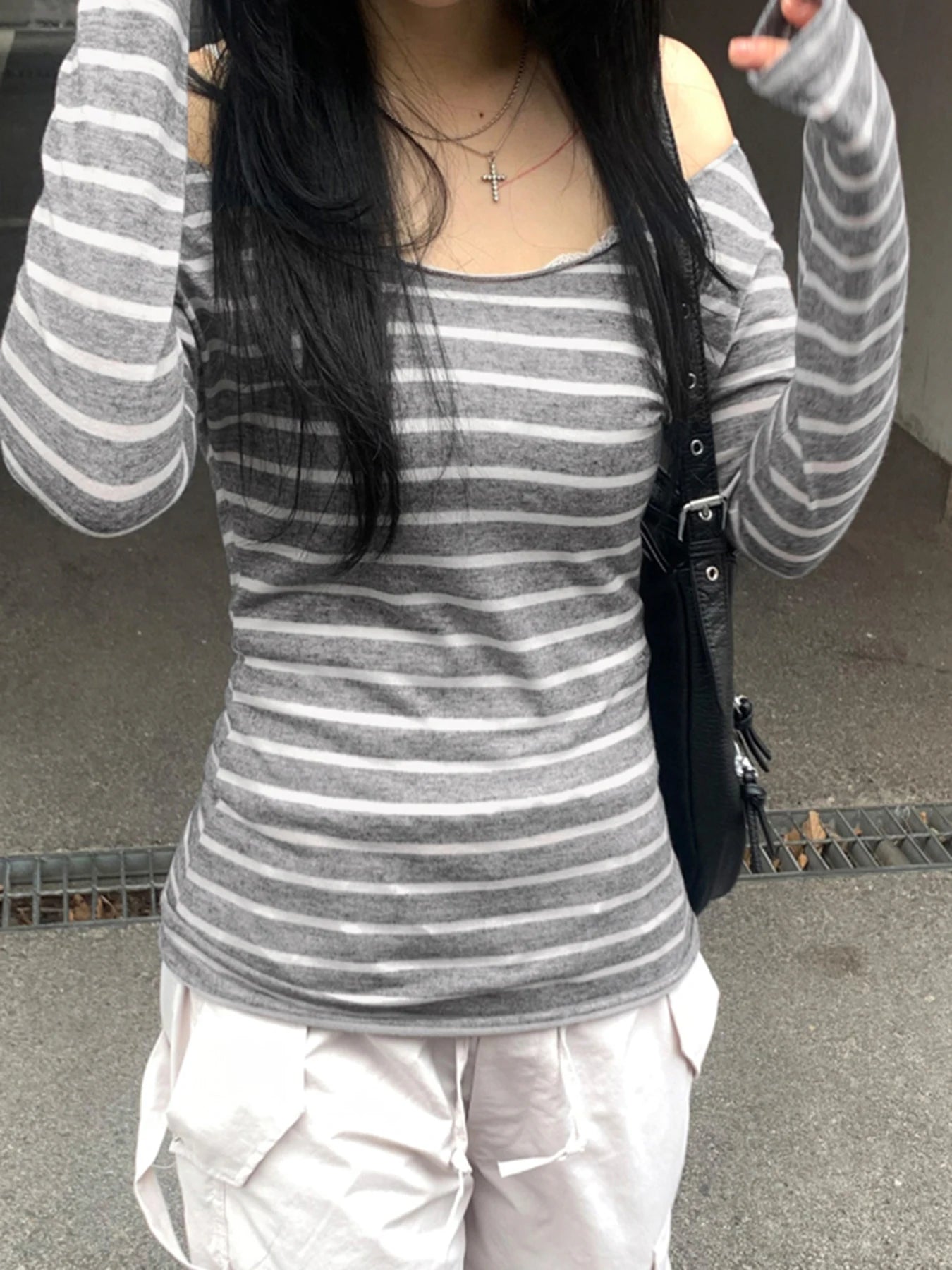 Strip Long Sleeve Tee Shirt Crewneck Slim