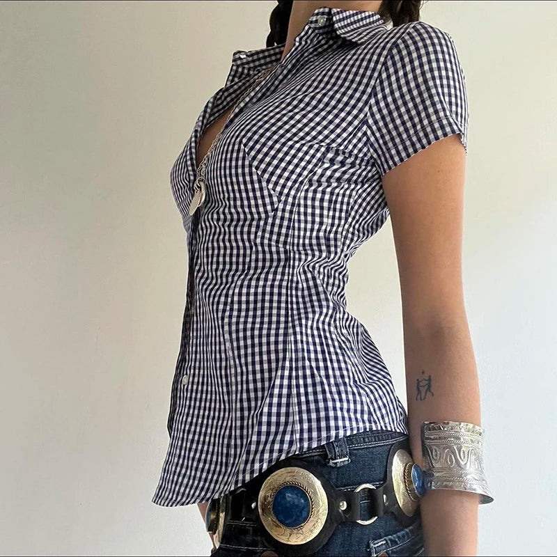 Plaid Bloue Button Up Short Sleeve Tuurn-down Neck Top