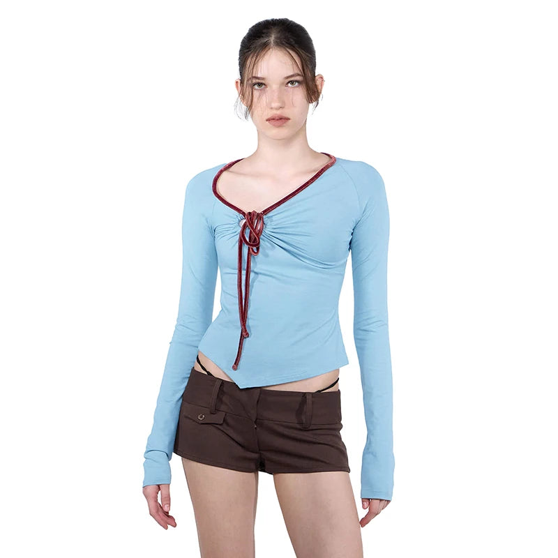 T Shirt Shrunk Lace Up Deign Long Sleeve Top