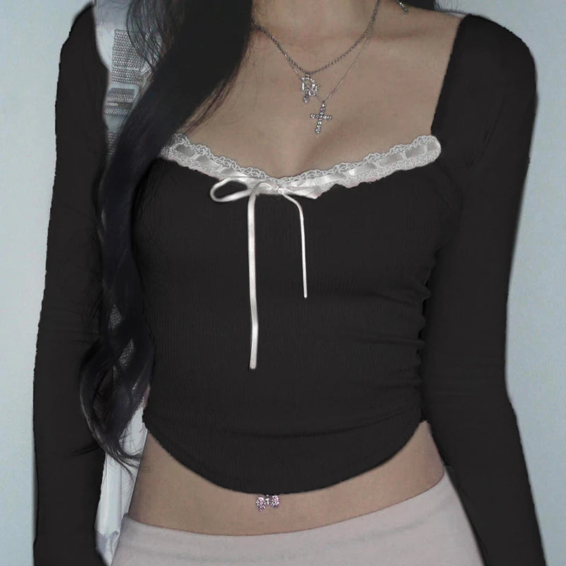 Lace-up Tshirts Square Collar Crop Top Long Sleeves Slim