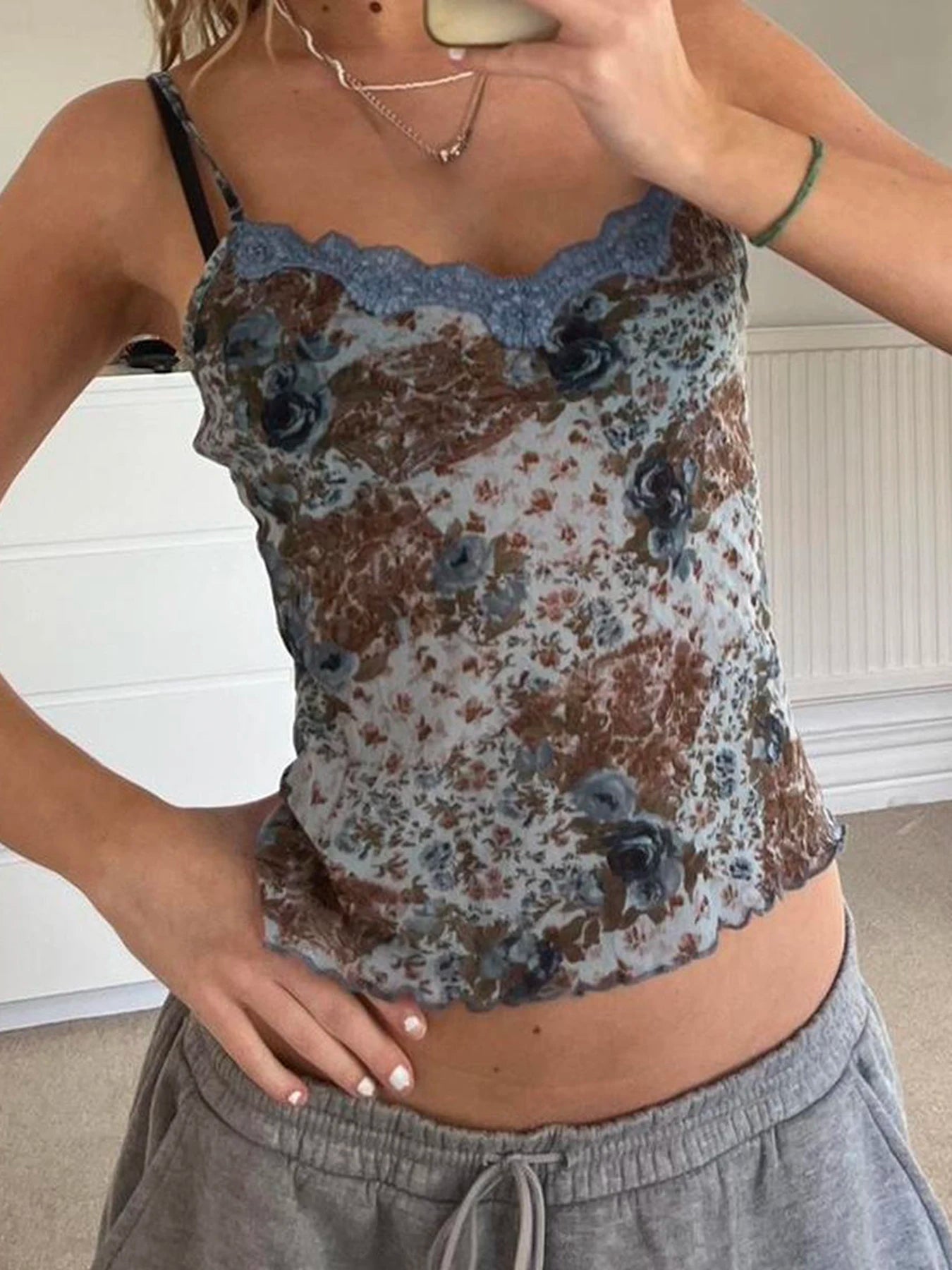Floral Print Lace Sleeveless Camisoles Slim Backless Top