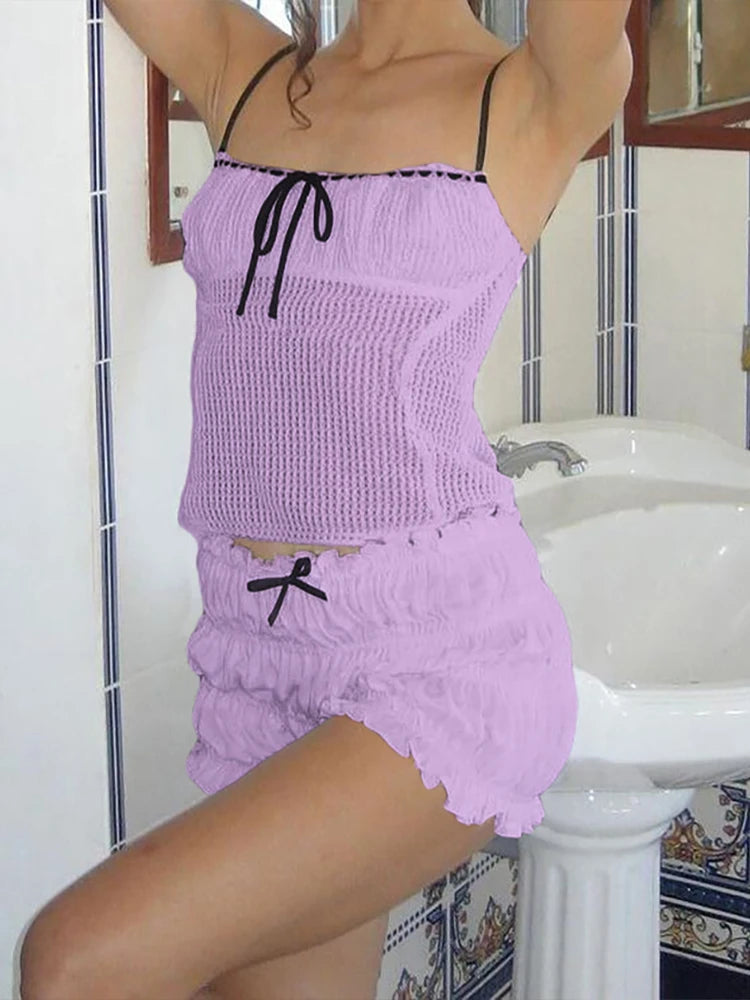 Ruched Two Piece Set See Through Crochet Camisole Shorts Matching Skinny