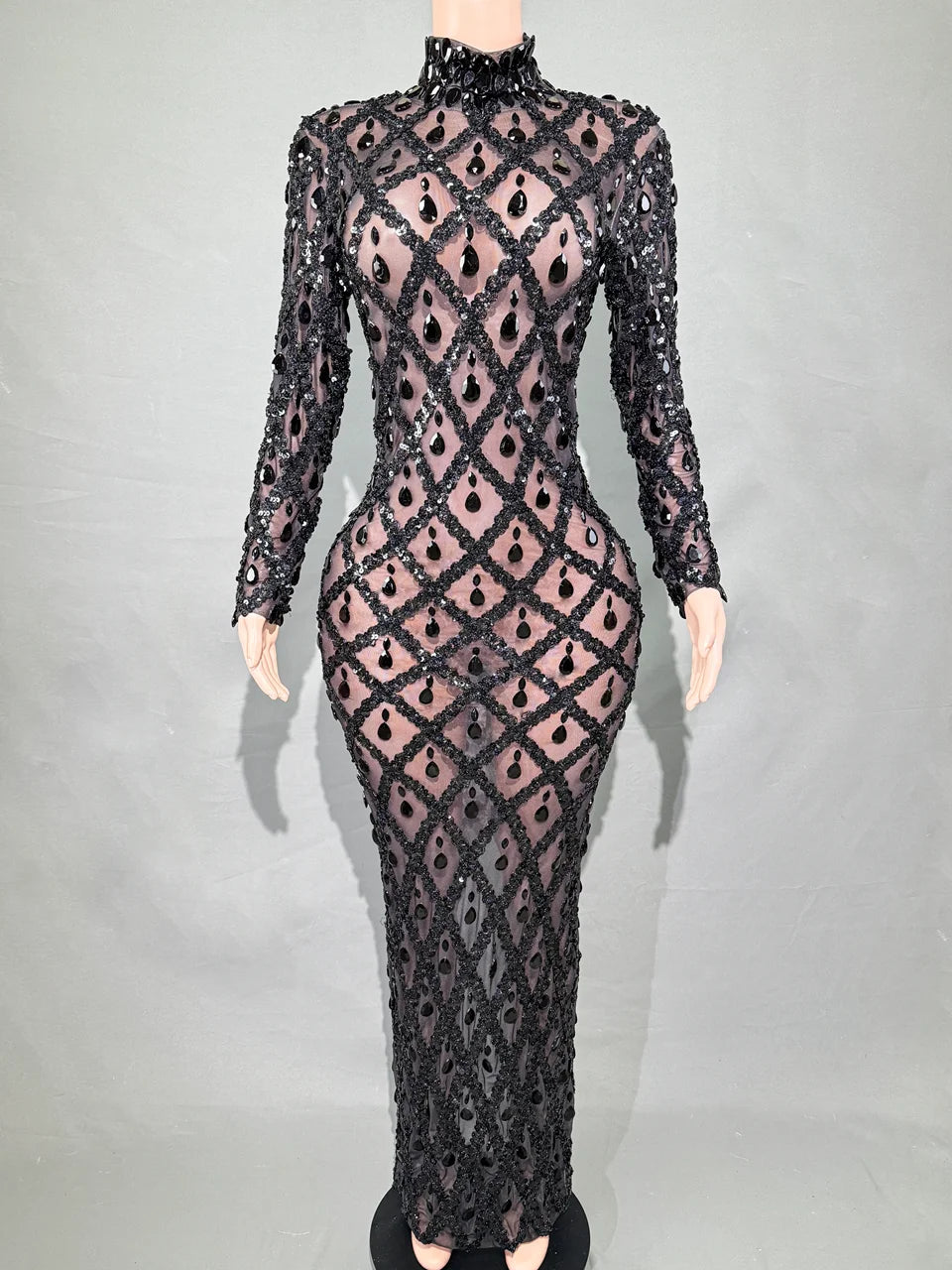 Sparkly Sequins Crystals Long Dress Prom Birthday Dress Transparent Performance Costume Show Stage Wear