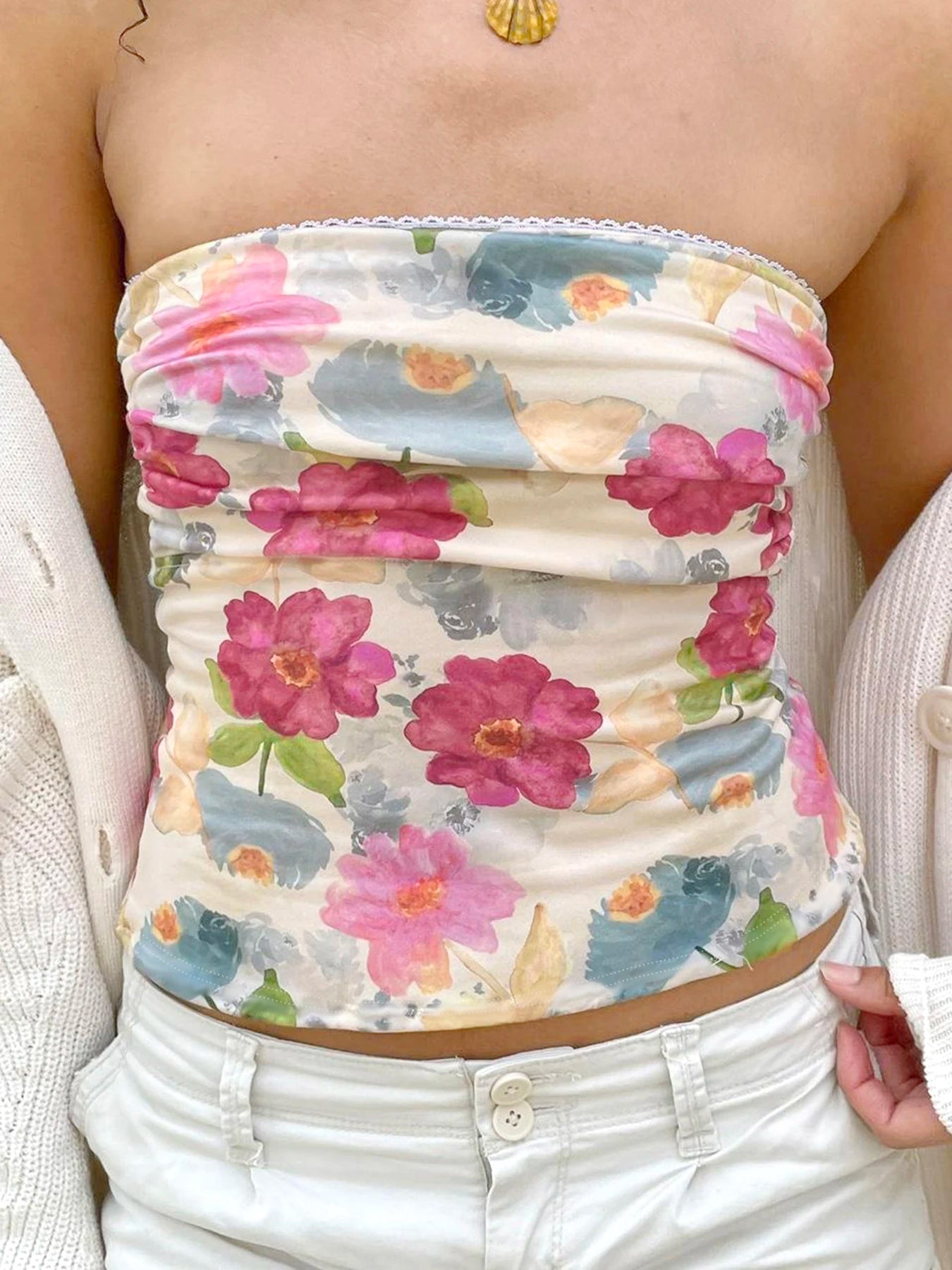 Floral Print Tube Top Backless 's Bustiers Slim Crop Camisole