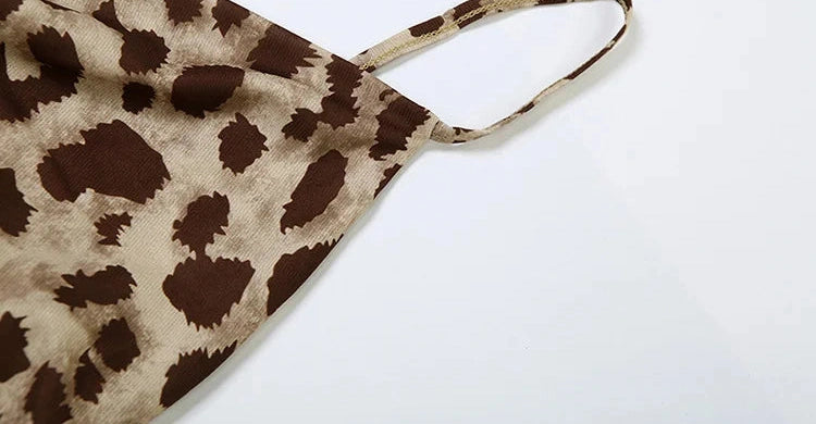 Leopard Dress Swing Collar Spaghetti Straps Backless Ruffles