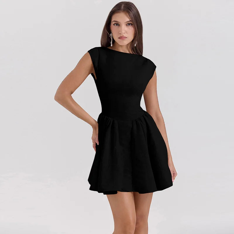 Backless A-line Dress Black Sleeveless High Waist Dress Slim