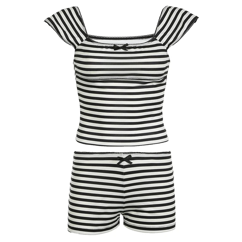 Strip Two Piece of Set Bow Tank Top and Low Wait Short Set