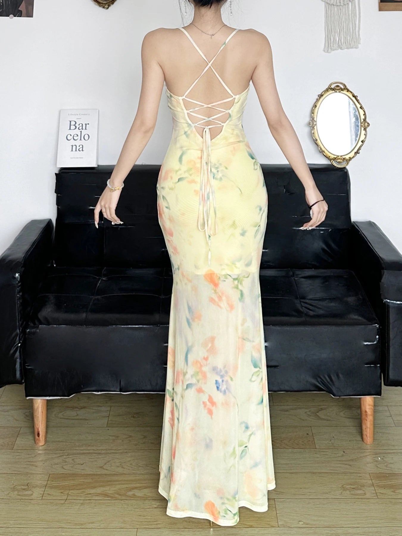 Floral Trumpet Dress Slim Lace V-Neck Sleeveless Maxi