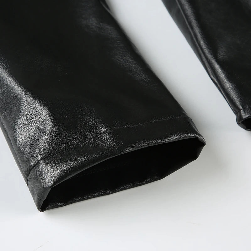 Moto Biker PU Jackets Zip Up Crop Top Black Leather Coats