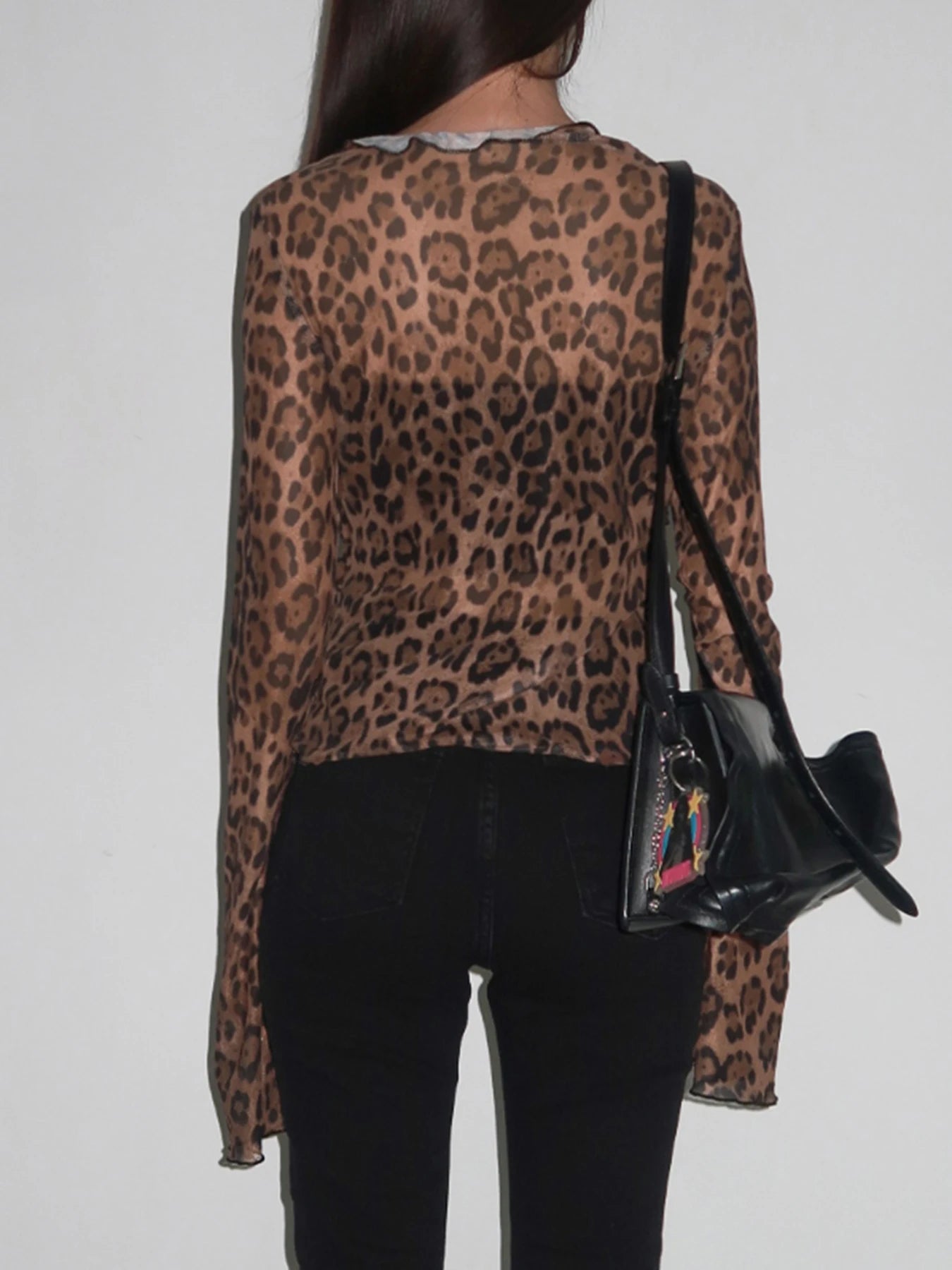 Leopard Meh Ruch Tee Shirt Lace-up Long Sleeve Brown