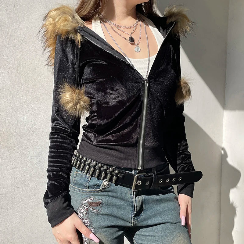 Zip Up Fur Neck Hoodie Coats 's Jackets Front Pockets