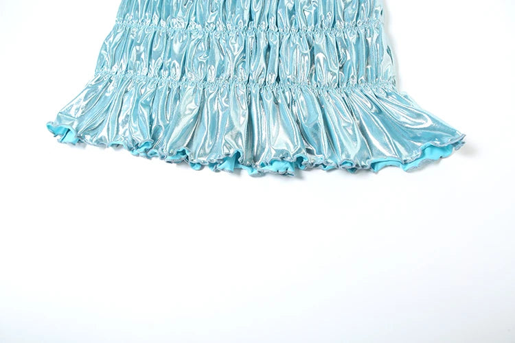 Shiny Reflective Set Stunning Trim Crop Camis Under Pleated Ruffle Mini Skirts Swim Suits