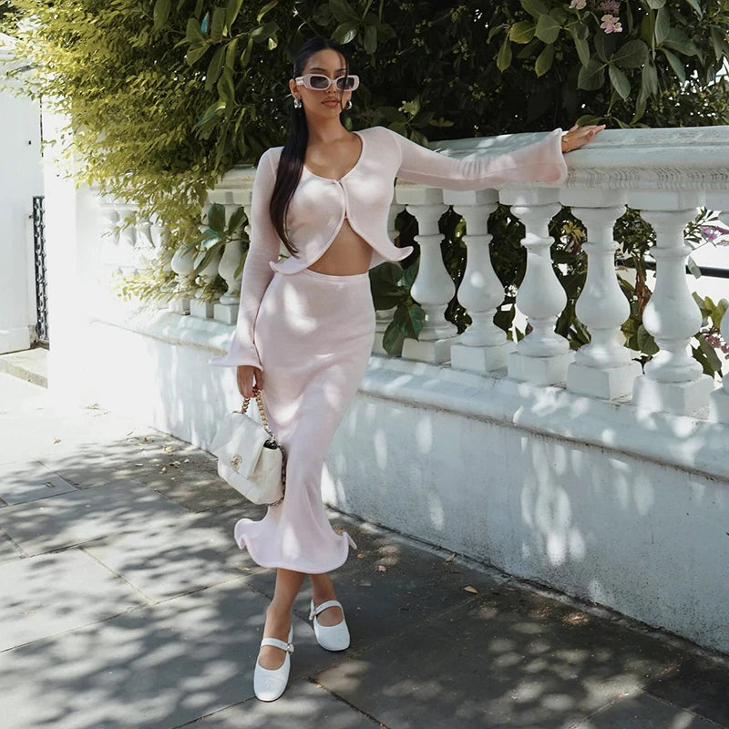 Knitt Skirt Suit Cut Out Cardigan Top Long Slim Skirt Two Piece Set