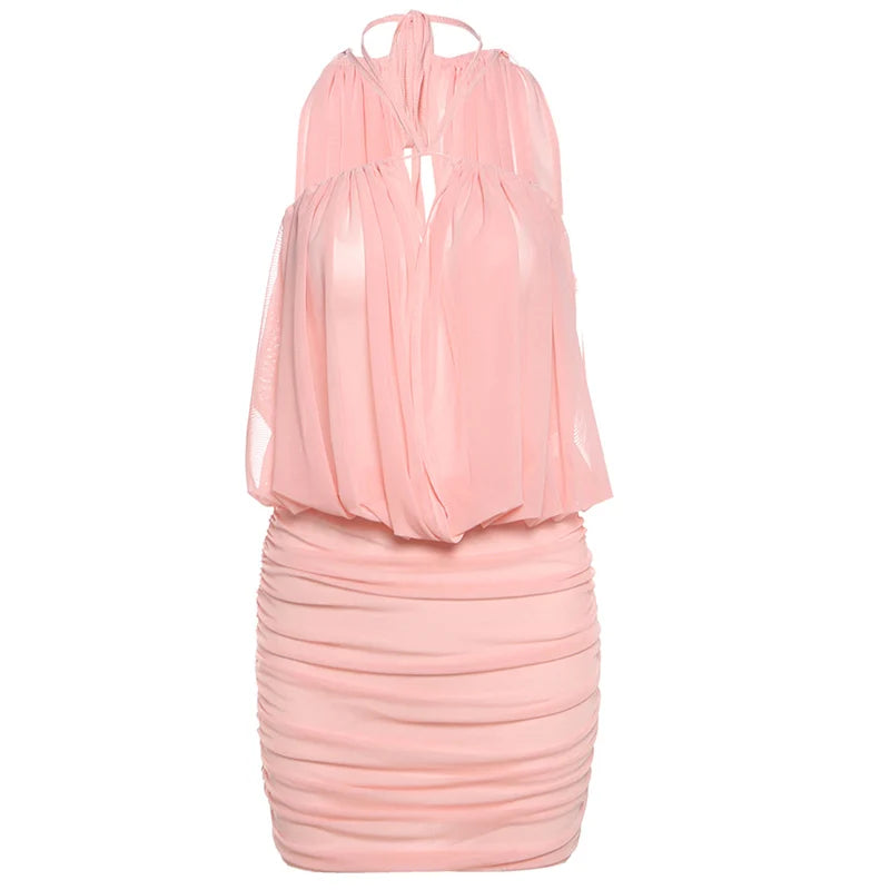 Ruched Mesh Dress Backless Draping Strapless Bodycon