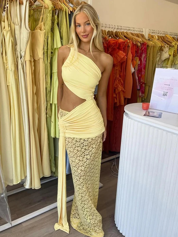 Unique Dress Set Patchwork Irregular Tael Hollow Top Lace Maxi Skirt 2 Piece Suit