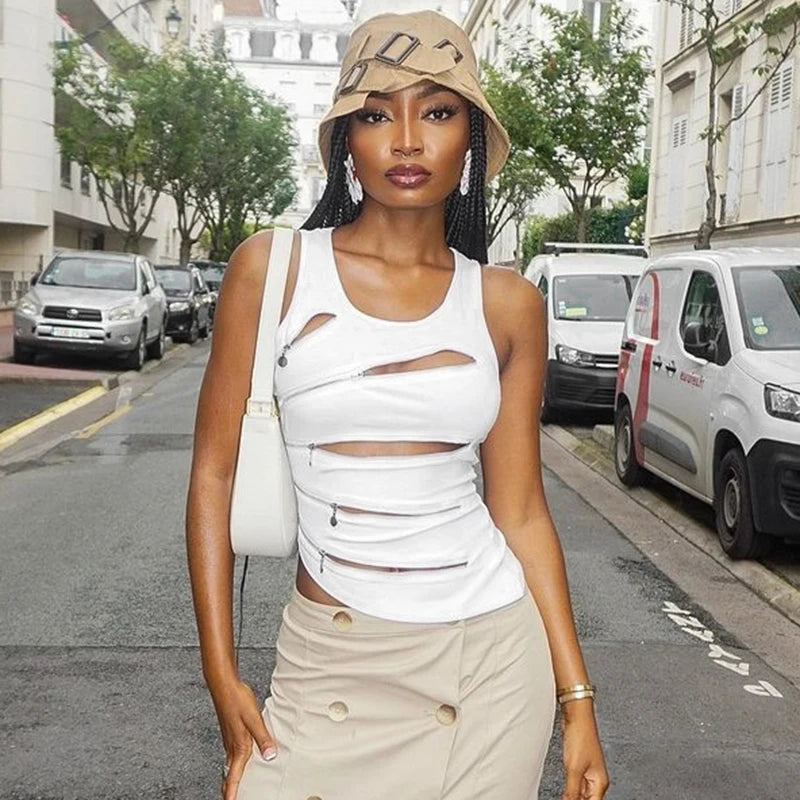 White Cut Out Slim Hollow Out Top