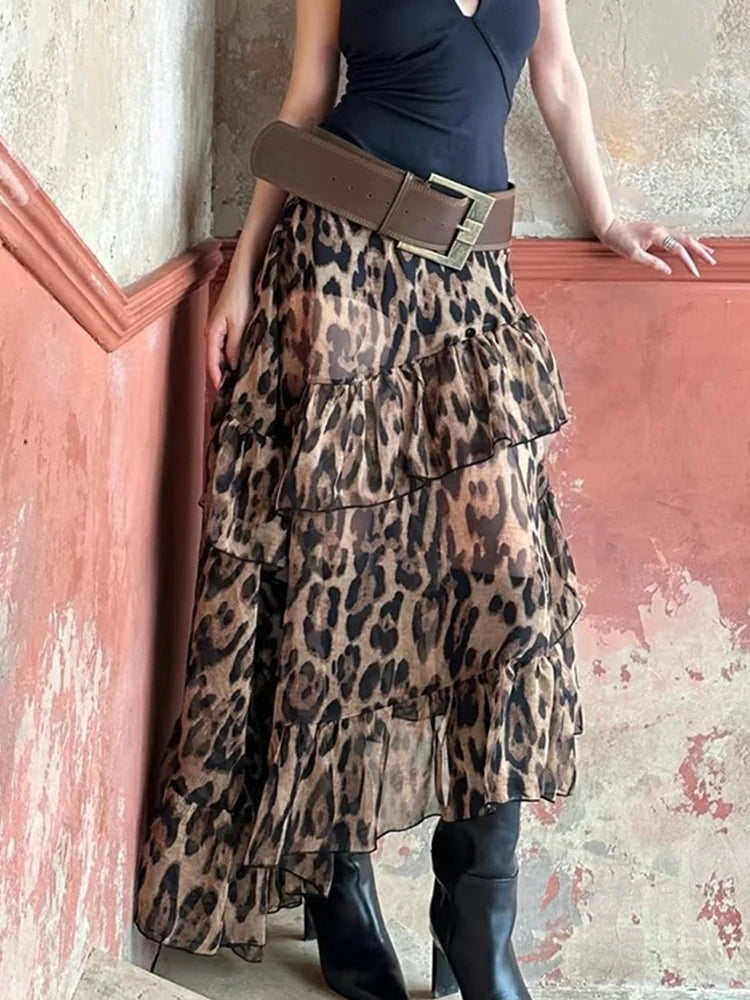 Leopard High Waist Ruched Long Skirt