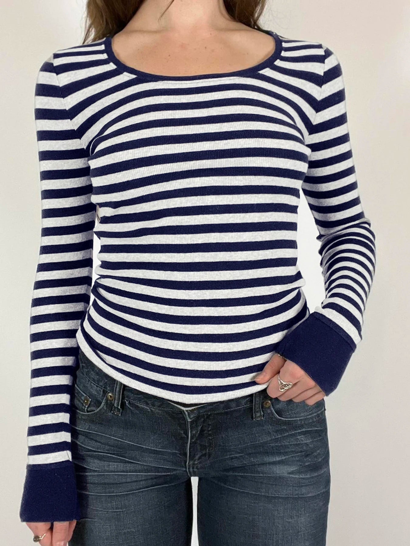 Striped Crewneck Top Tee Long Sleeves Slim