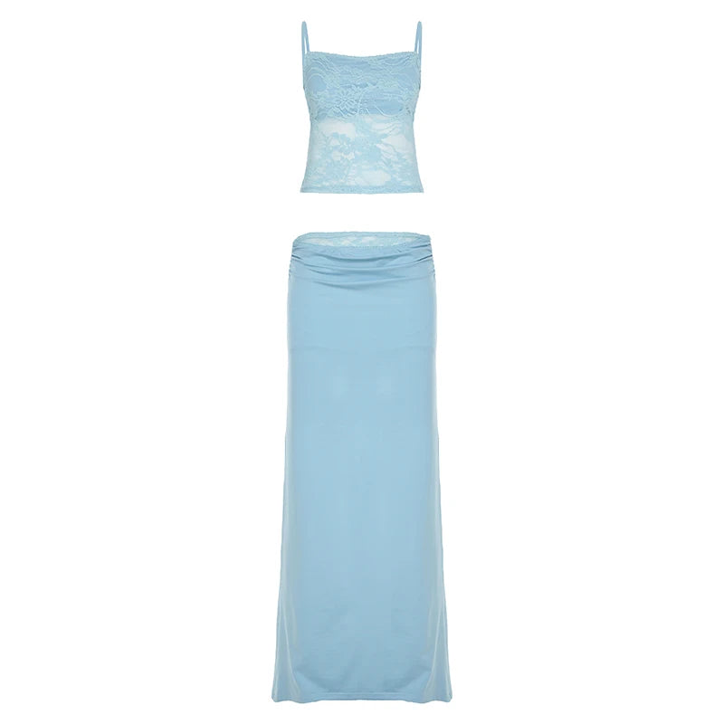 Blue See Through Top Low Waist Maxi Skirt Set