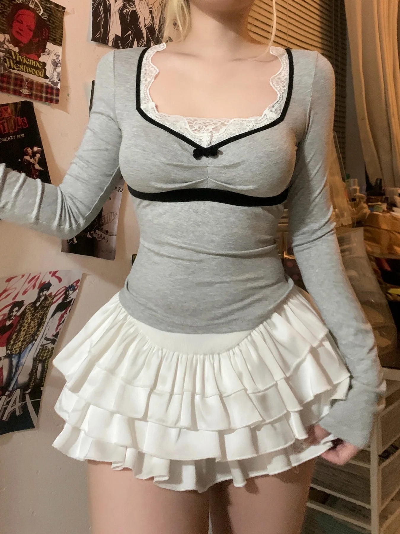 Lace Patchwork Slim Tee Shirts Long Sleeves V-neck s Bows Top