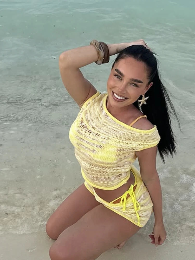 Crochet Two Piece Set Thin Hollow Tank Top Shorts Stretch Matching