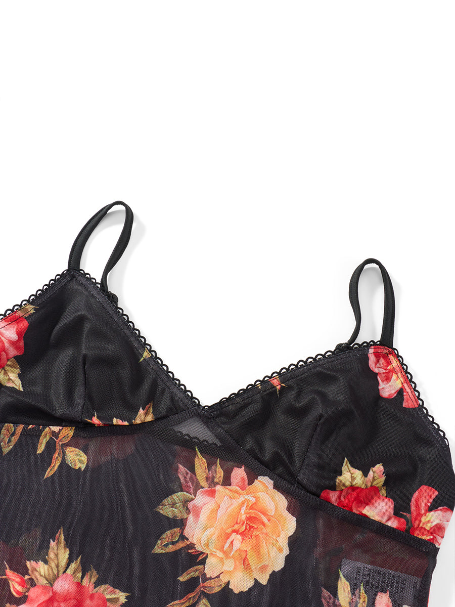 Sleeveless V Neck Low Cut Cami Top Elastic Waist Flower Print Mini Skirt 2 Piece
