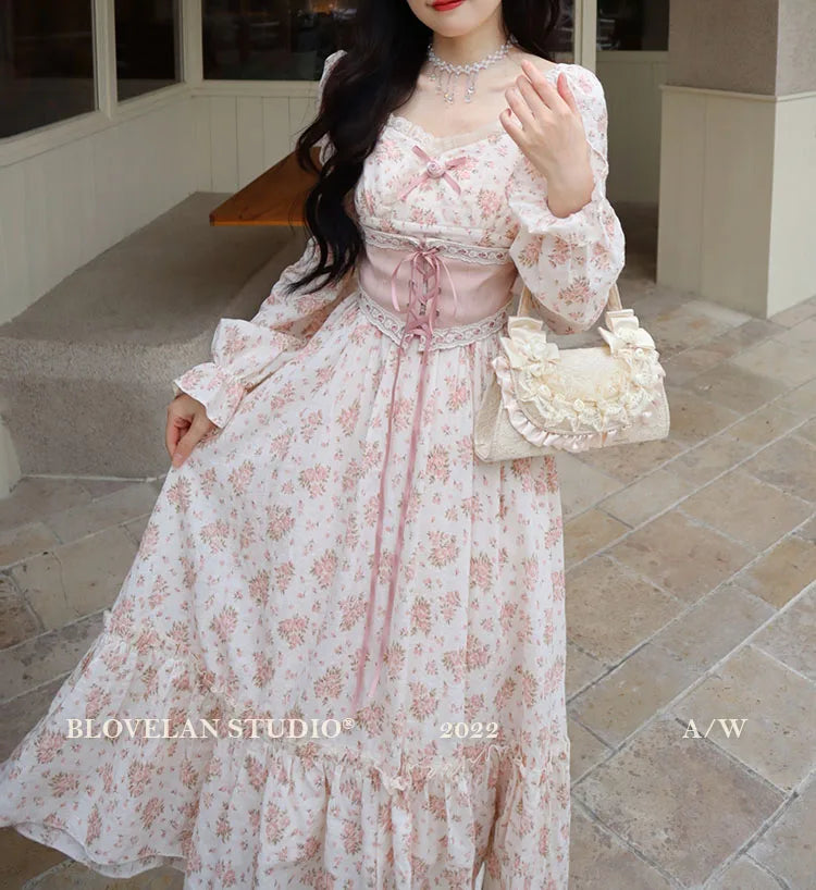 Spring Pink Floral Dress Bandage Lace Print Dress Puff Sleeve Kawaii Dress Princess Fairy