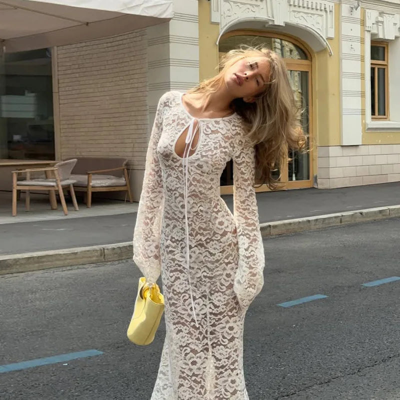 White Sheer Lace Long Sleeves Maxi Dress