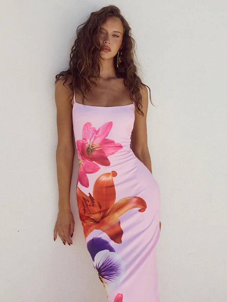 Floreal Long Dress Gown Spaghetti Strap Sleeveless Backless Bodycon Midi Dress