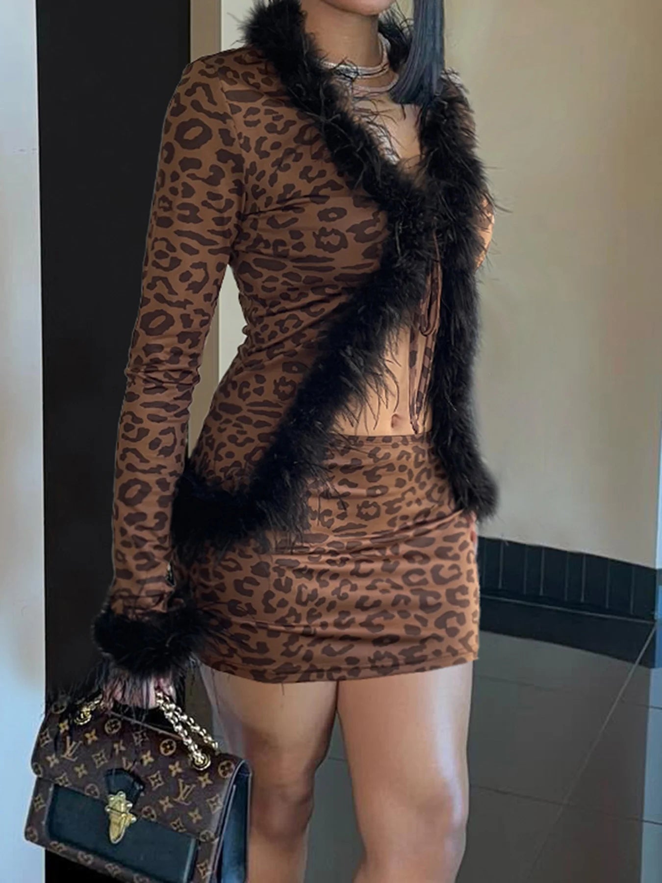 Leopard Print Two Pieces of Sets 's Lace-up Coats and Mini Skirts Long Sleeved
