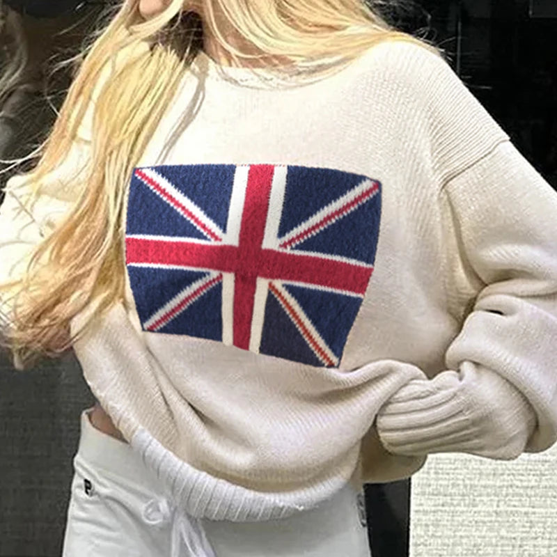 Graphic Patchwork Knitted Sweaters Crewneck Loose Crochet Top Pullovers