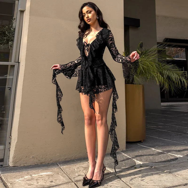 Spring 'S Dress Patchwork Lace Ribbon Ruffle Tie Rope Hollow Out Flare Long-Sleeved Mini Dress
