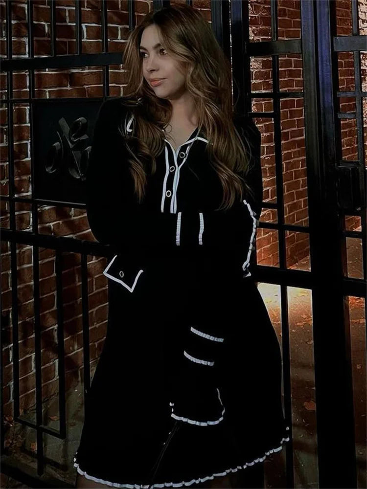 Ruffled Knit Dress Ribbed Contrast Long Sleeve High Waist Lapel Gown Dress Knit Ladies Maxi Dress