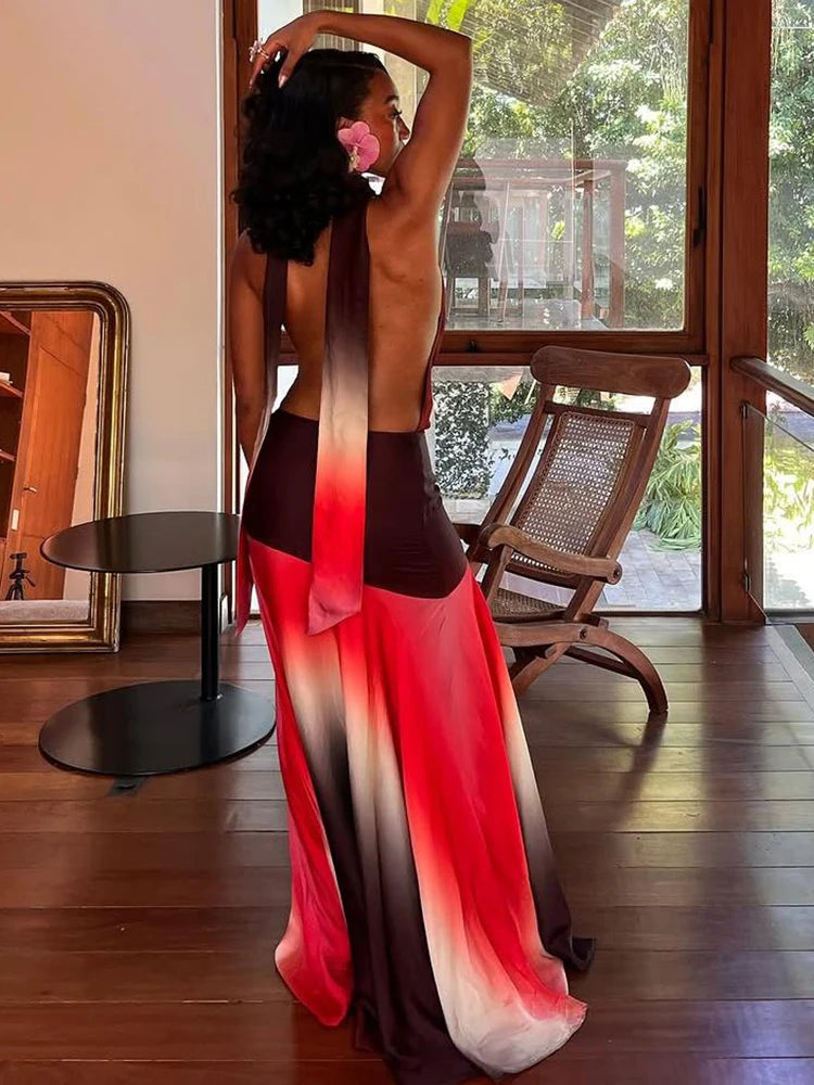 Contrat Patchwork Maxi Dress Halter Deep V-neck Backless Long