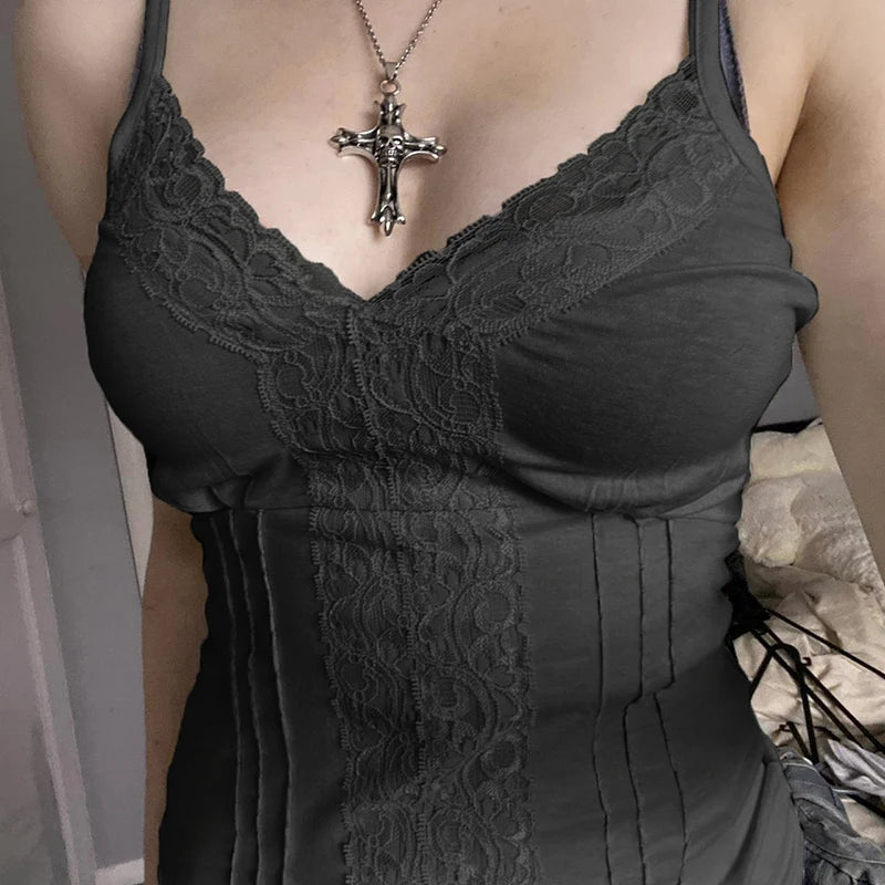 Fairycore V-Neck Camis Sleeveless Spaghetti Strap Lace Vest Slim Pullovers