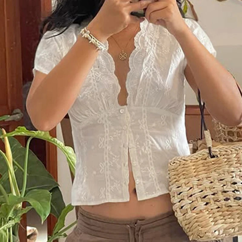 Button Up Blouses Deep V-neck Slim 's Tee Shirts Short Sleeves Crop