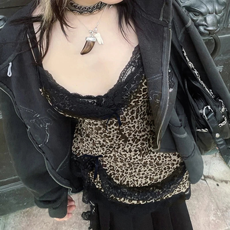 Lace Patchwork Camisole Leopard Print Backless Top V-neck Sleeveless Fairycore
