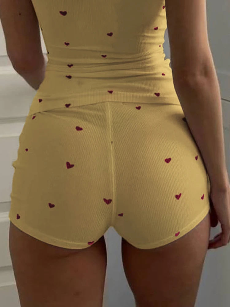 Comtable Heart Print Two Piece Set Square Collar Sleeveless Crop Top Stretch Shorts