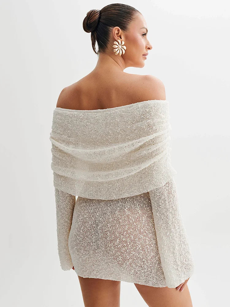 See-Through Knitted Off-Shoulder Mini Dress