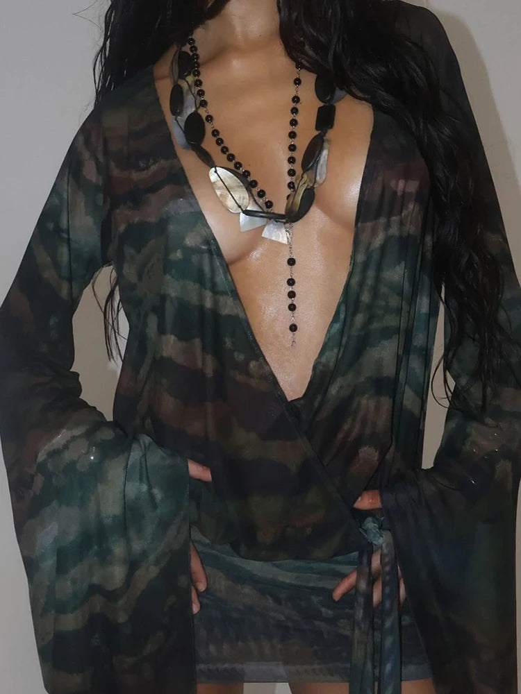 Meh Swinging Neck Cleavage Mini Dress Long Sleeve Backless Aymmetrical Attire