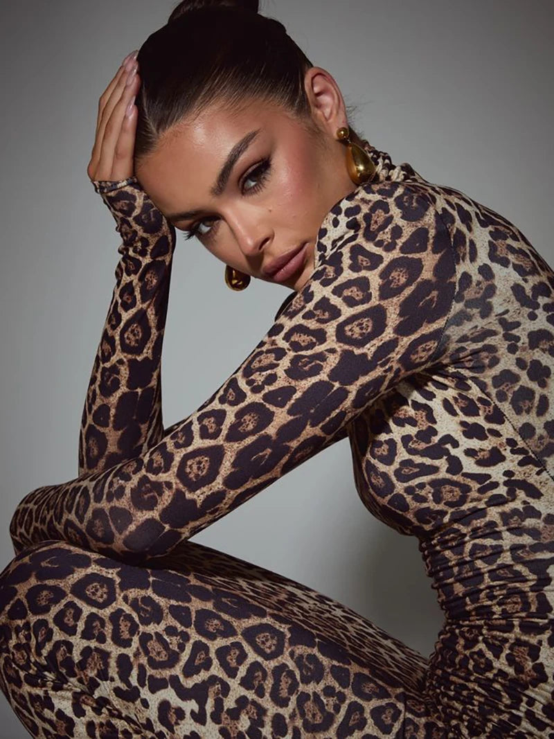 Leopard Long Sleeve Maxi Dress Turtleneck ed Bodycon Long Dress