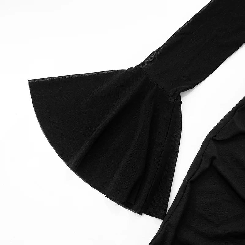 Spring And Solid Color V-Neck Mesh Patchwork Pleated Ruffles Hip Flared Sleeve Mini Short Dress
