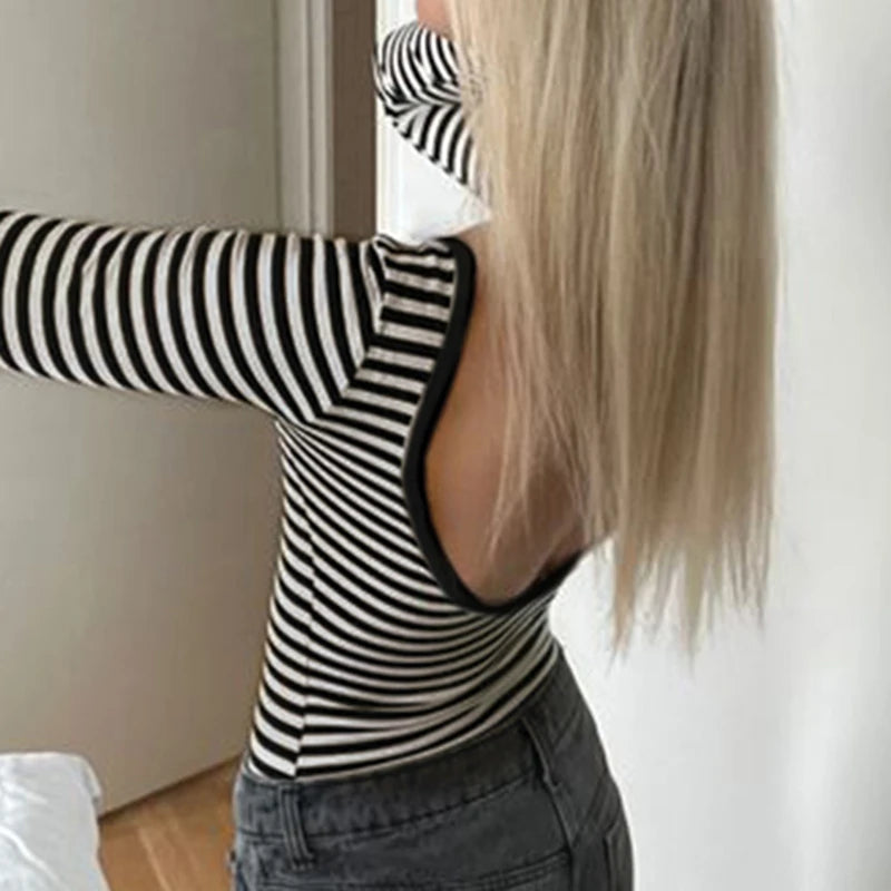 Backless Striped Print Slim Tee Shirts Long Sleeves Tees